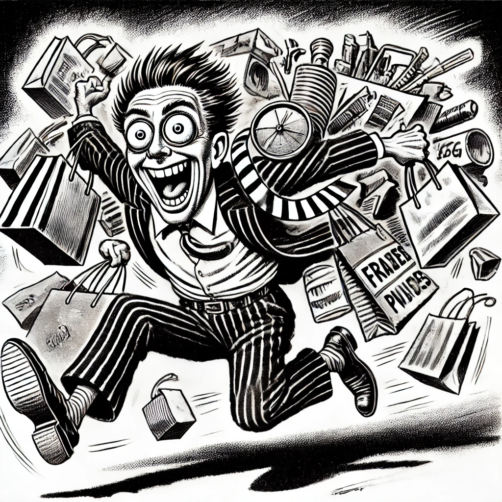 Man on a frenzied shopping spree